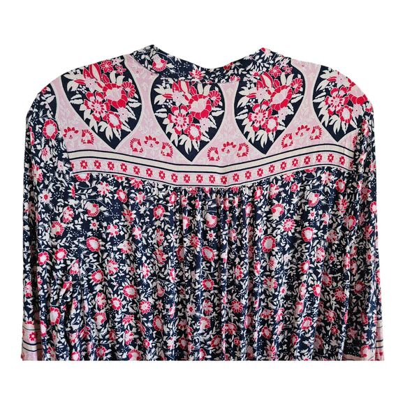 SHEILAY Women's XL Dress Floral Peasant Navy Red Pink 1/2 Buttons Flare Ruffle - Picture 6 of 7